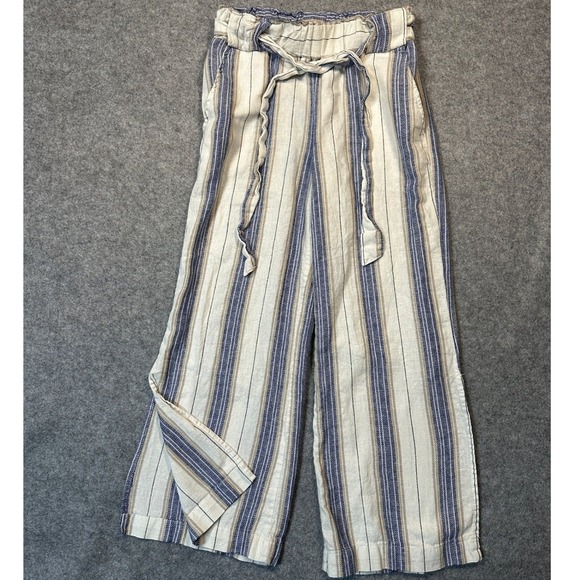 Indigo Rein Pants - Indigo Rein Womens Small Linen Stripe Tie Waist Wide Leg Pants Blue Tan White